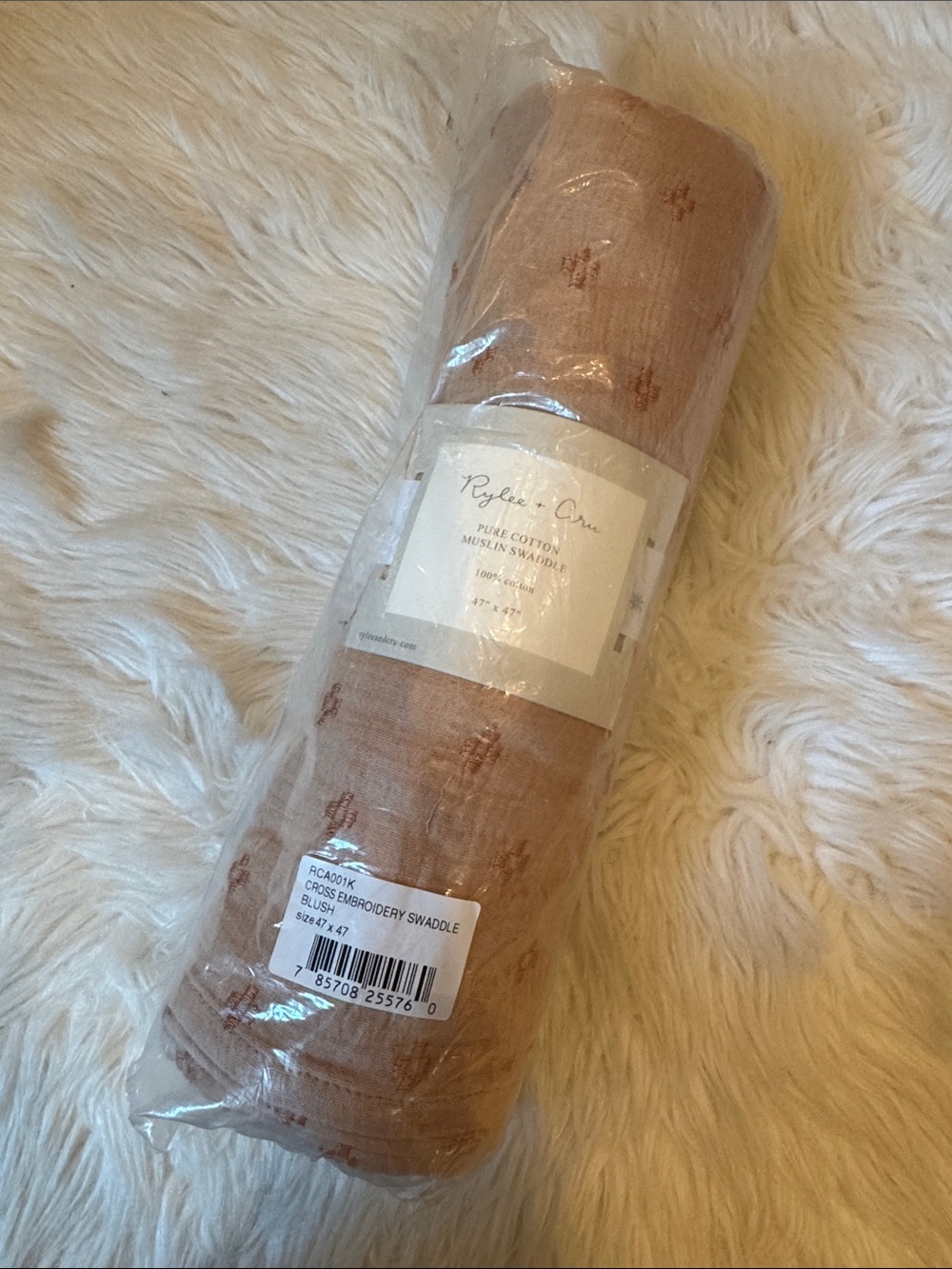 NWT Rylee + Cru Blush Cross Embroidery Muslin Swaddle!